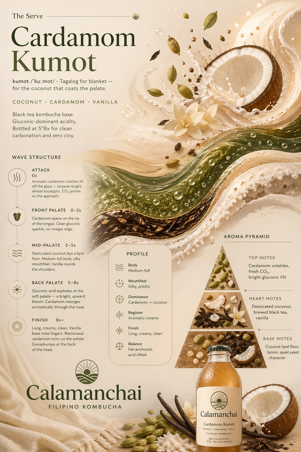 Cardamom Kumot tasting poster. Filipino kombucha with coconut, cardamom, and vanilla. Etymology: kumot, Tagalog for blanket — for the coconut that coats the palate. Wave structure — Attack (0s): aromatic cardamom volatiles lift off the glass, terpene-bright, almost eucalyptic, with CO₂ prickle on the approach. Front palate (0–2s): cardamom opens on the tip of the tongue; clean gluconic sparkle, no vinegar edge. Mid-palate (2–5s): desiccated coconut lays a lipid floor, medium-full body, silky mouthfeel, vanilla rounds the shoulders. Back palate (5–8s): gluconic acid explodes at the soft palate in a bright upward bloom; cardamom resurges aromatically through the nose. Finish (8s+): long, creamy, clean; vanilla base note lingers; retronasal cardamom echo on the exhale; goosebumps at the back of the head. Profile — medium-full body, silky-prickly mouthfeel, cardamom-to-coconut dominance, aromatic-creamy register, long creamy clean finish, fat-anchored acid-lifted balance. Aroma pyramid — top notes: cardamom volatiles, fresh CO₂, bright gluconic lift. Heart notes: desiccated coconut, brewed black tea, vanilla. Base notes: coconut lipid floor, tannin, quiet yeast character. Calamanchai bottle pictured with label and wordmark.